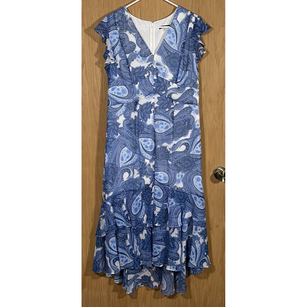 Tommy Hilfiger Women's Sz 14 Midi Dress Blue Paisley Flutter Sleeve Tiered Boho